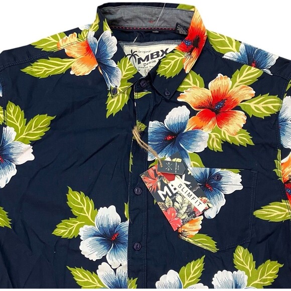 MBX Denim Wear Shirt Mens L Navy Cotton Hawaiian Colorful Button-Down Floral New - Picture 2 of 10
